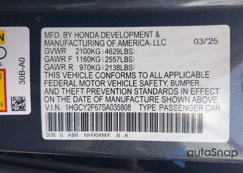 2025 Honda Accord Hybrid Ex-L from USA, damaged, VIN 1HGCY2F67SA035808